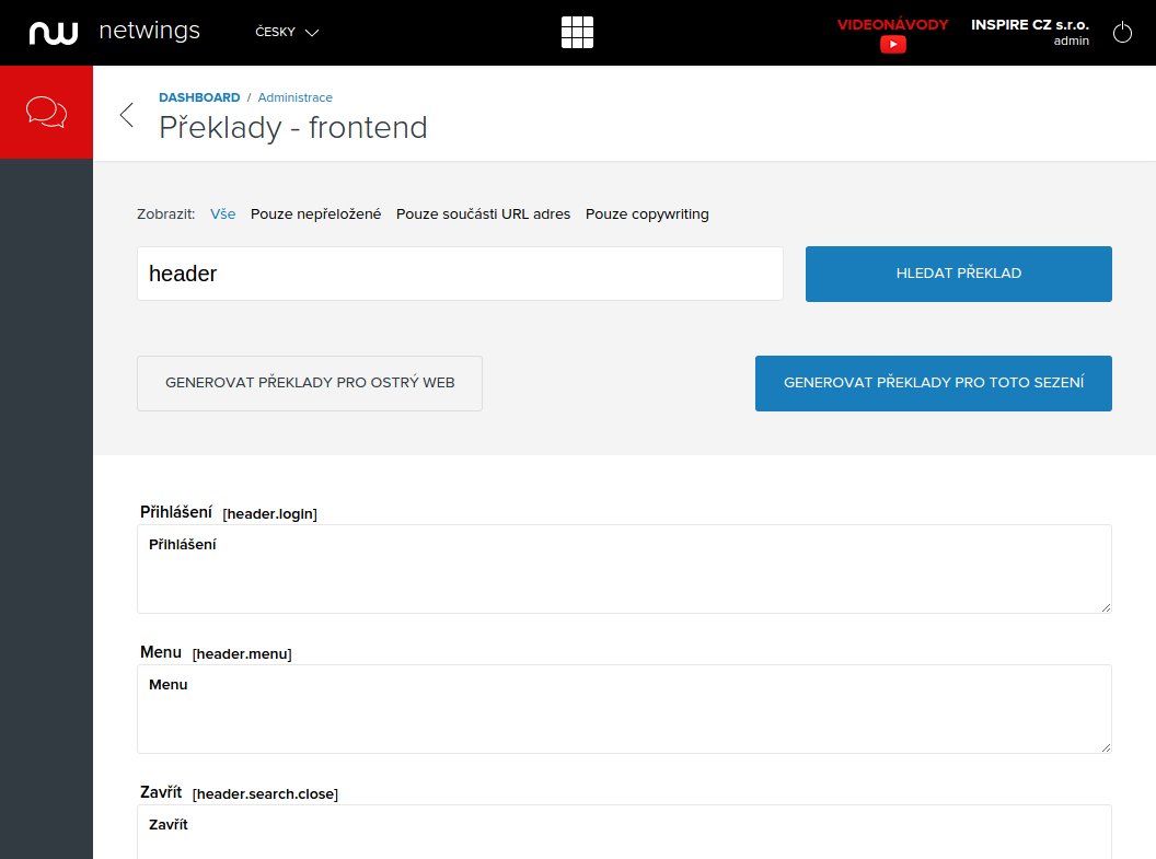 Ukázka modulu pro překlady v administračním systému